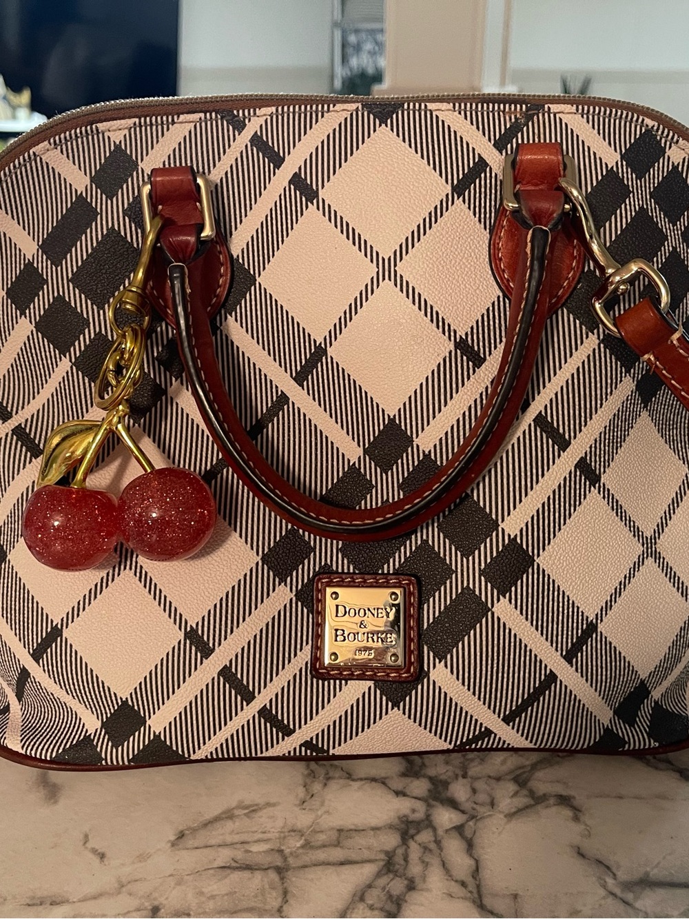 Dooney & Bourke Beige Plaid Dome Satchel with Brown Leather Trim